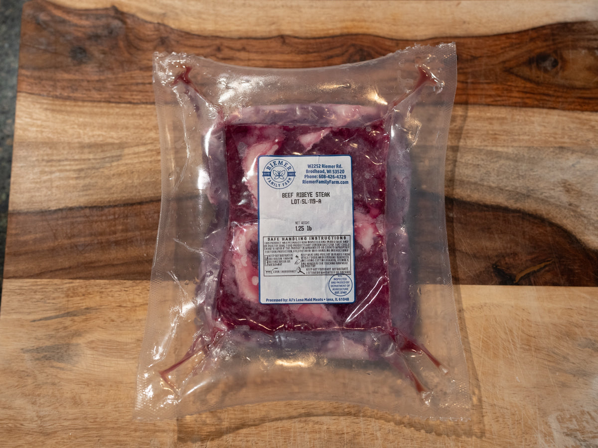 Riemer ribeye steak, vacuum sealed and frozen